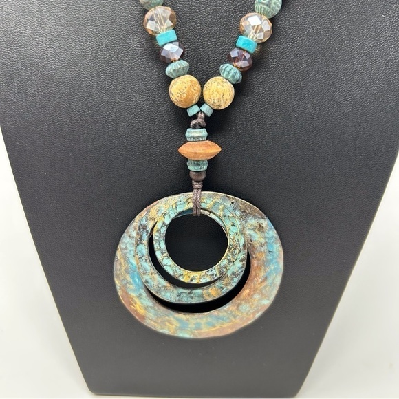 Bohemian Long Blue and Brown Beaded Necklace with Layered Copper Round Medallion - Picture 2 of 7